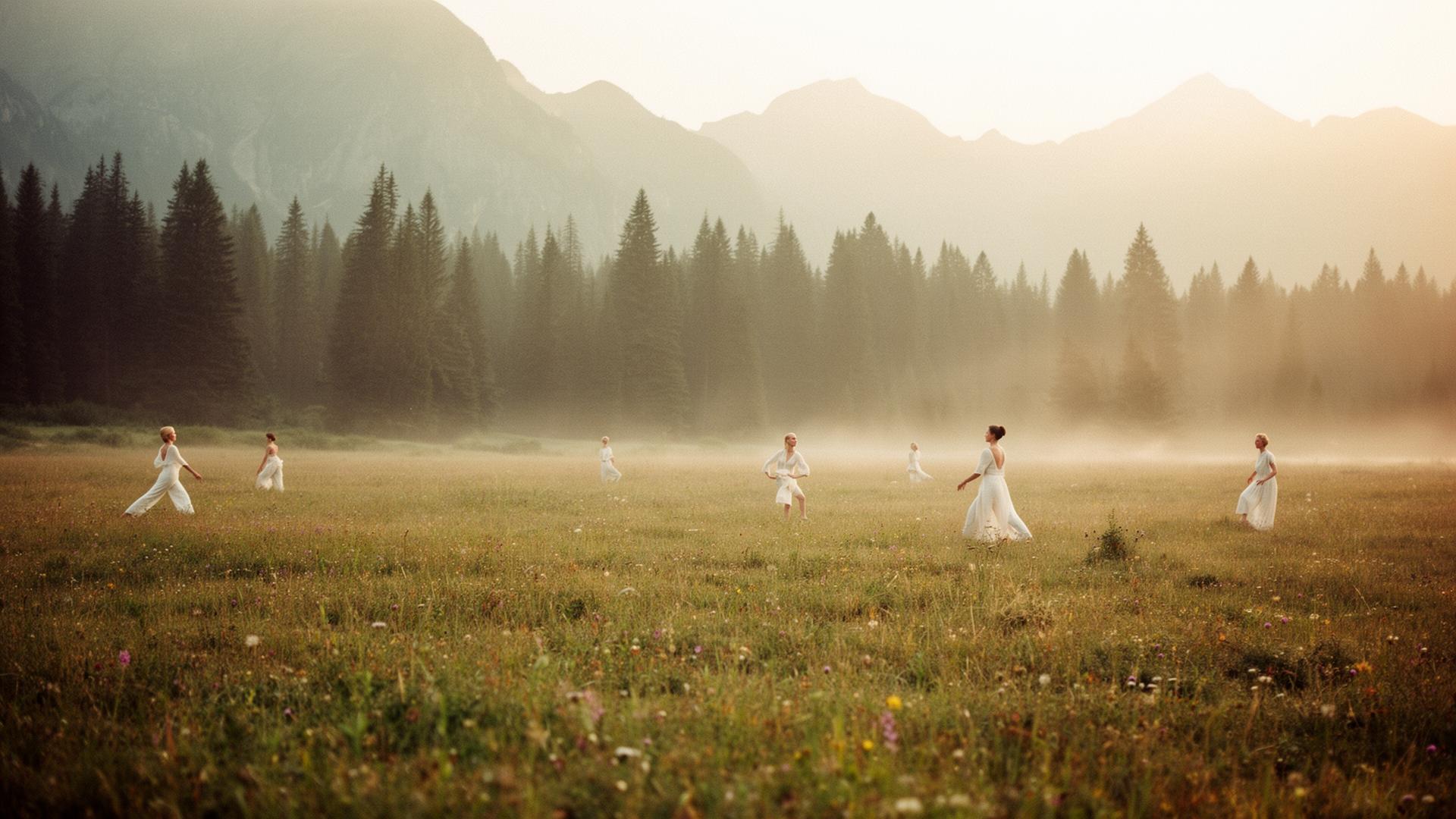 Women in flowing white linen moving through a misty alpine meadow at sunrise